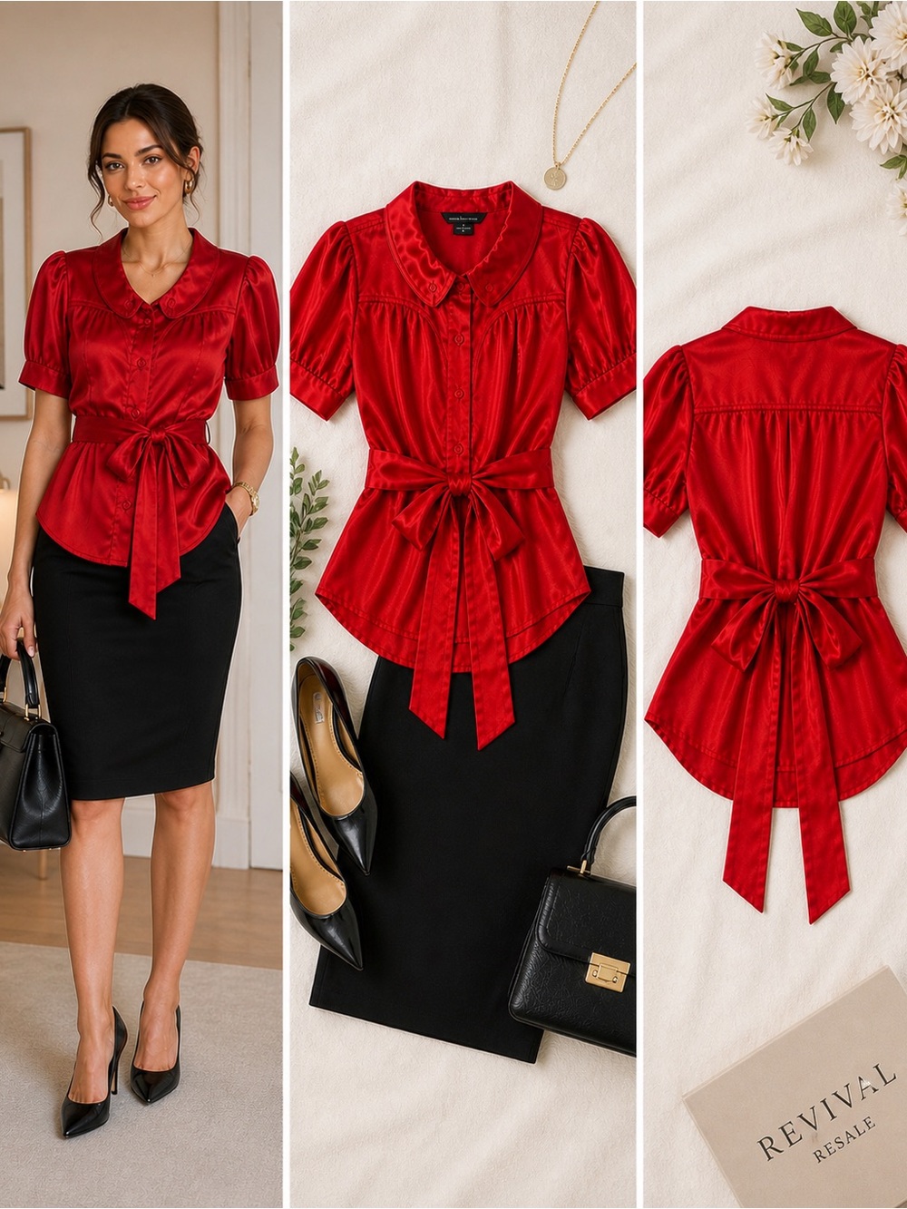 Moda International Romantic Parisian Red Silky Blouse Tie Waist Puff Sleeve  L